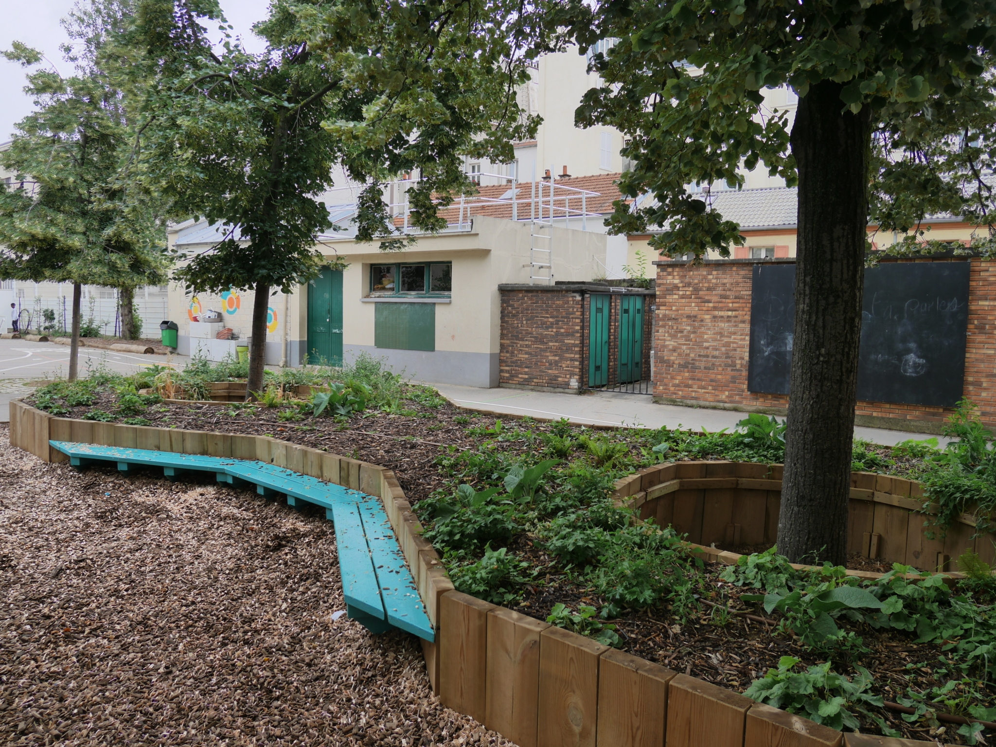 Jardinières autour des arbres et assise