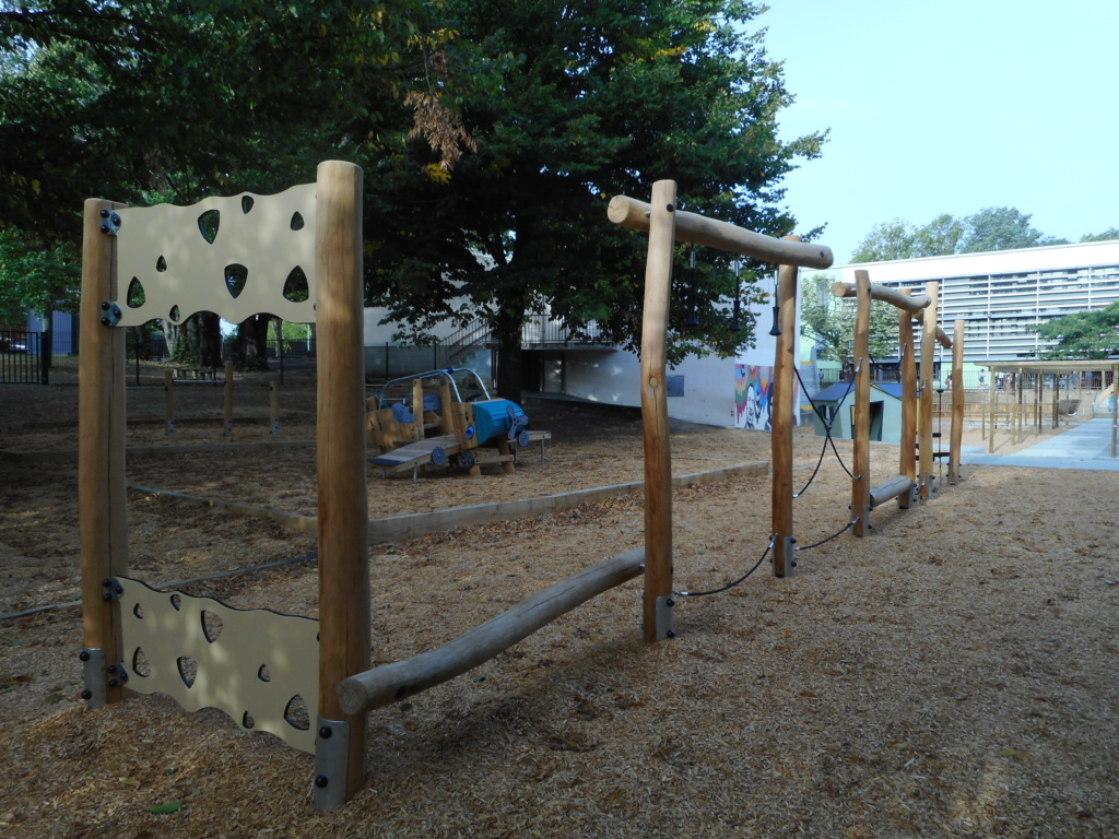 La vue du parcours d'agilité protégé par la couverture arborée existante et désormais accessible