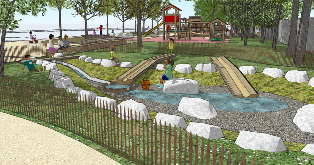 Vue 3d jardin de pluie et cour maternelle