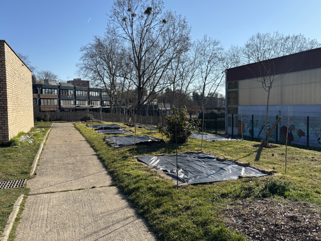 Espace de potager et de verger existant ; recyclage des pavés retirés lors du chantier de la cour de récréation pour délimiter les carrés potagers
