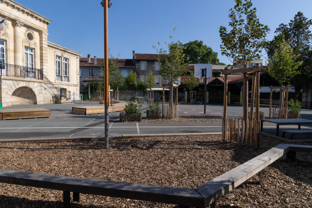 Espace en copeaux et banc en zig-zag